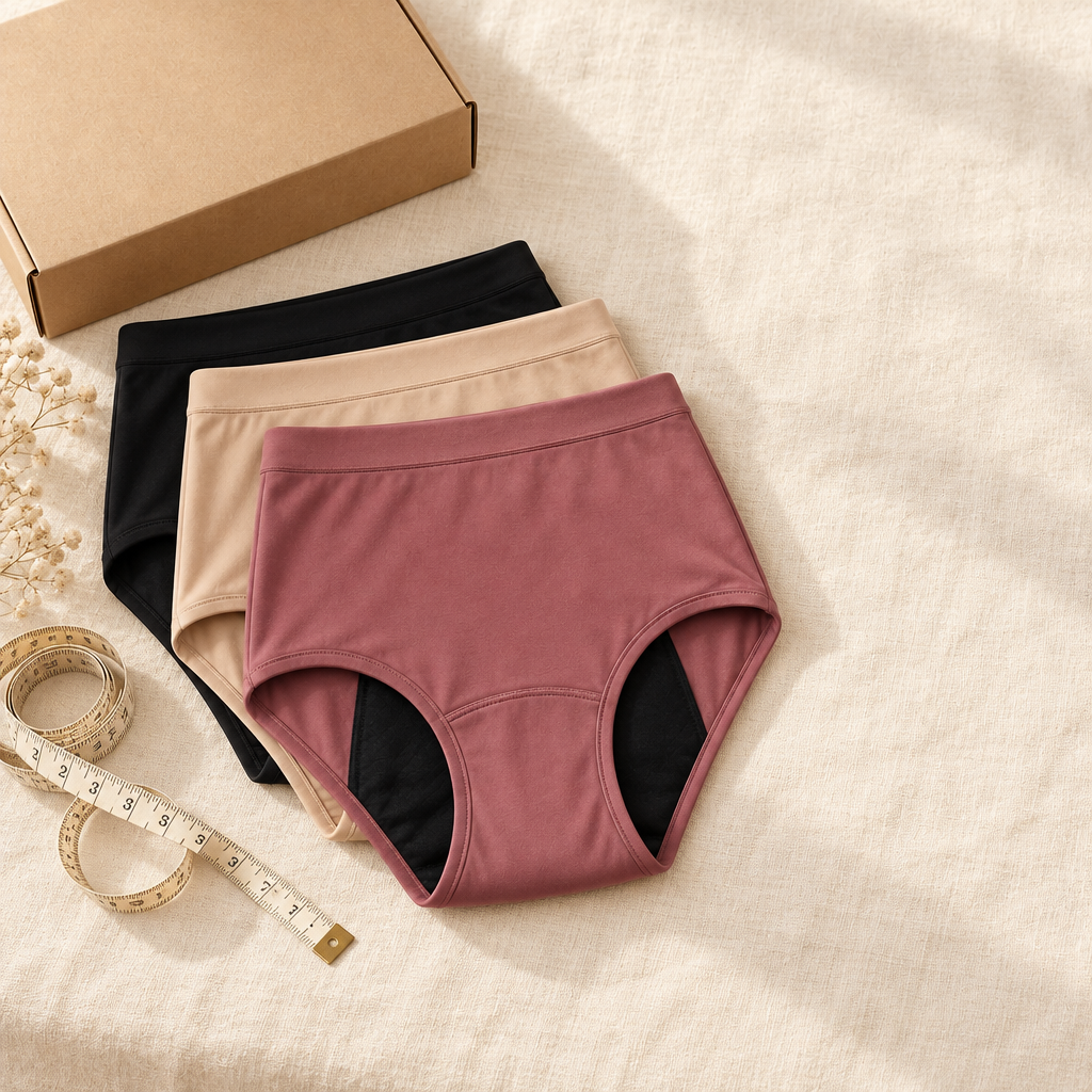 Stack of Comfy Elle briefs with a tape measure and plain mailer