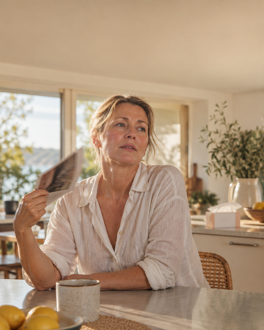 Woman fanning herself in a warm kitchen