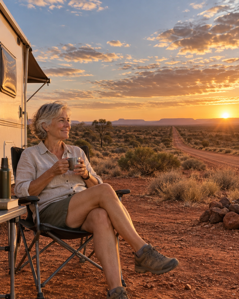 Woman relaxing beside a caravan in the outback