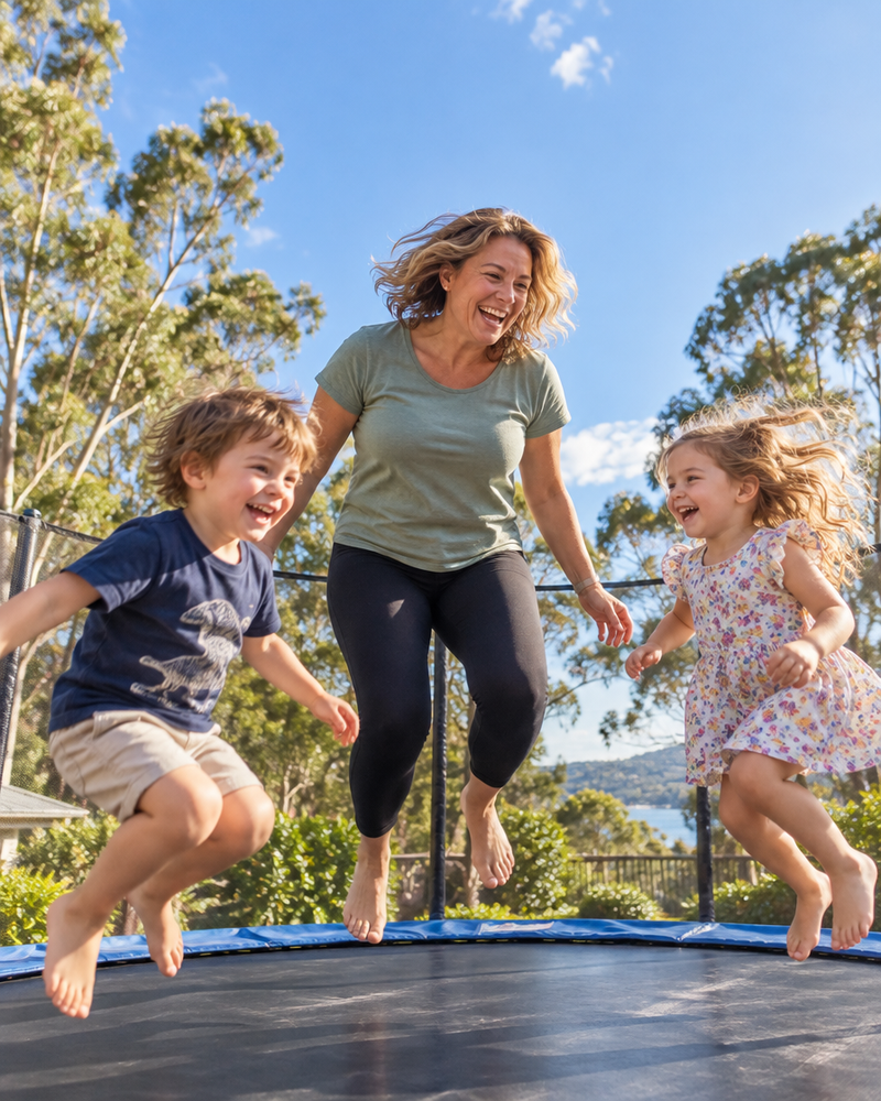 Woman jumping on a trampoline with her grandkids