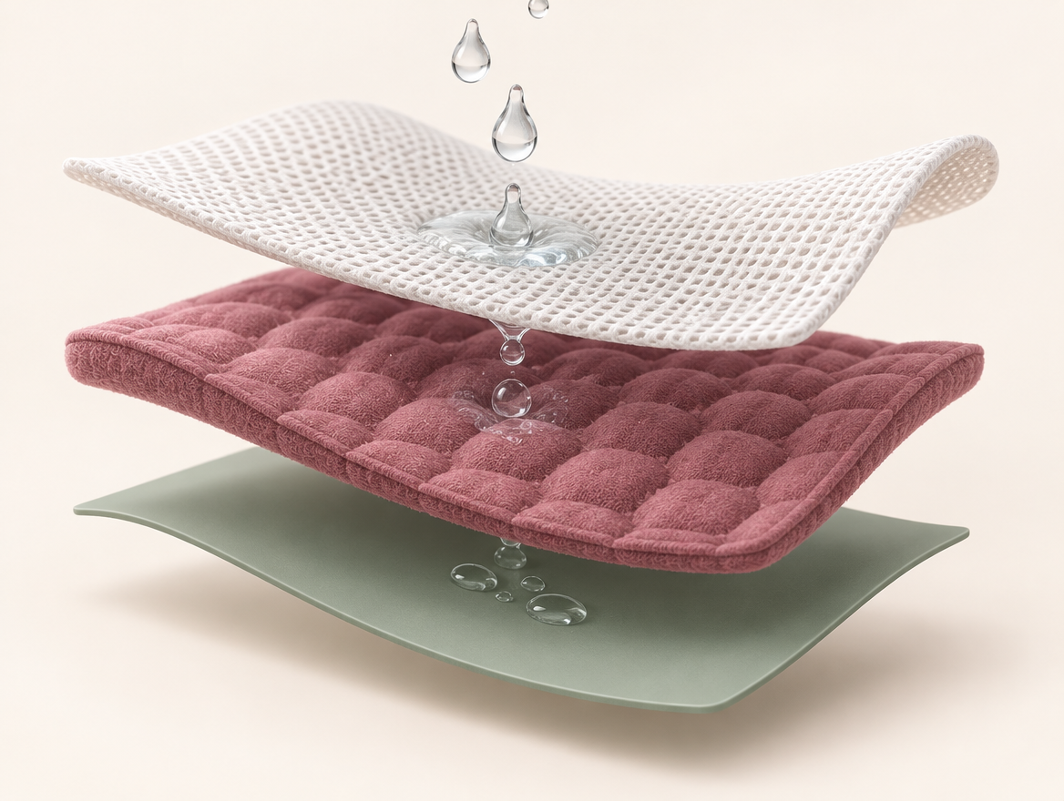 The 3 layers of Comfy Elle: breathable top, absorbent core, leak-proof barrier